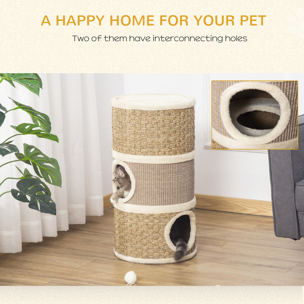 28" Cat Condo, 3-Story Hideaway with Sisal Scratching Pad