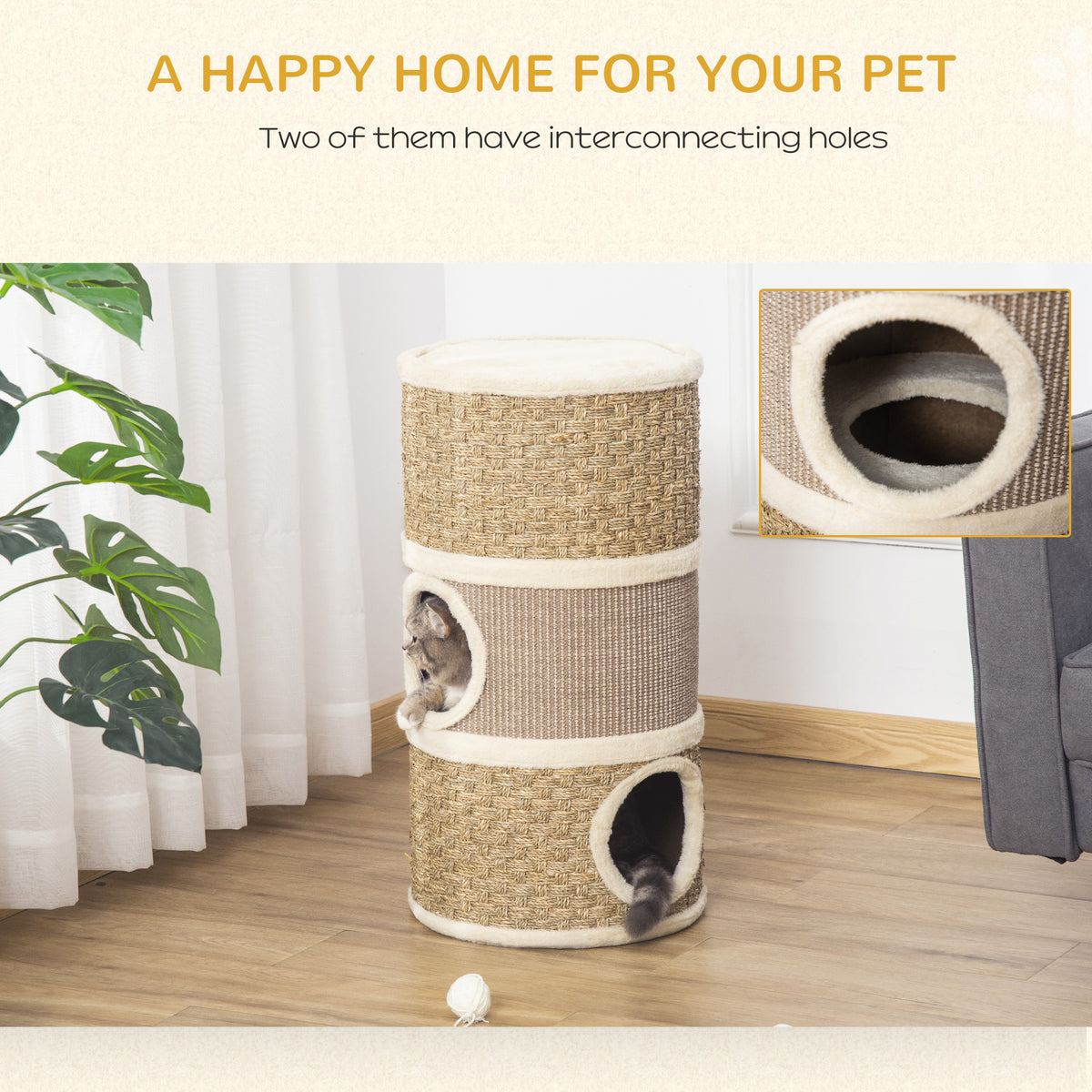 28" Cat Condo, 3-Story Hideaway with Sisal Scratching Pad