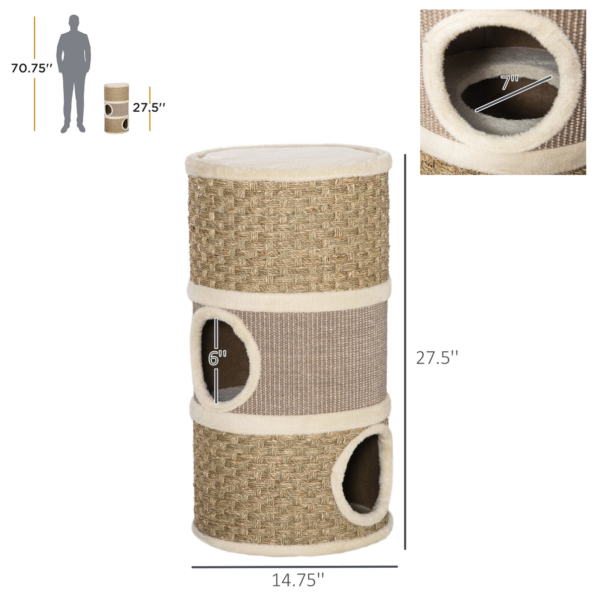28" Cat Condo, 3-Story Hideaway with Sisal Scratching Pad