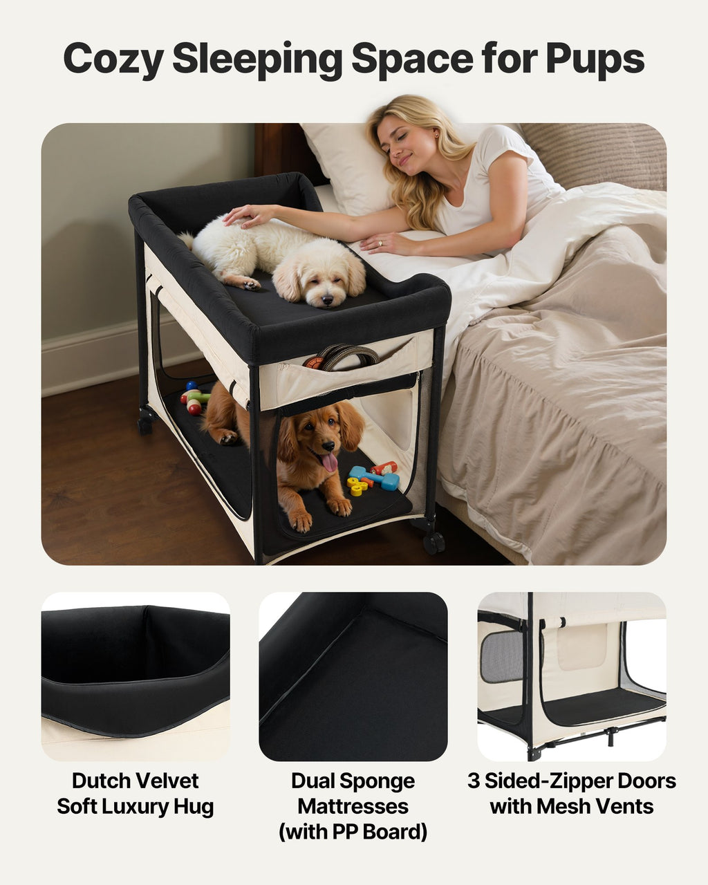 Elevated Bunk Dog Bed, Foldable with Wheels & Side Bags