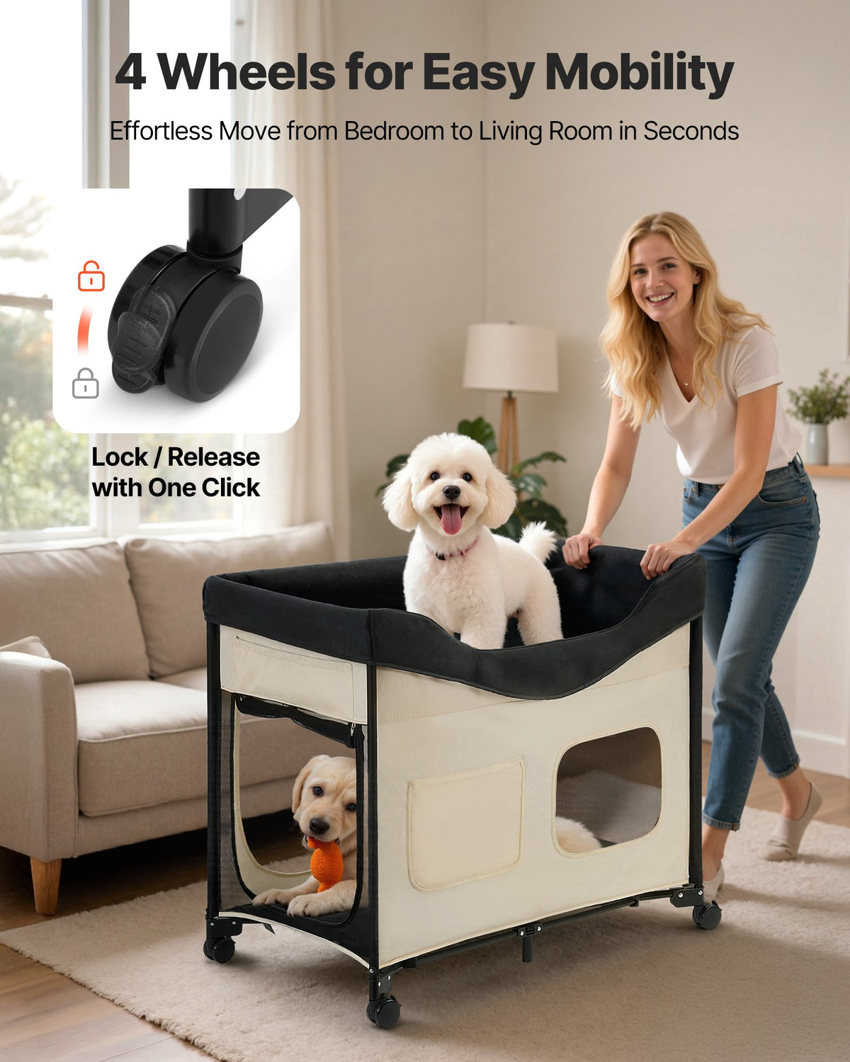 Elevated Bunk Dog Bed, Foldable with Wheels & Side Bags