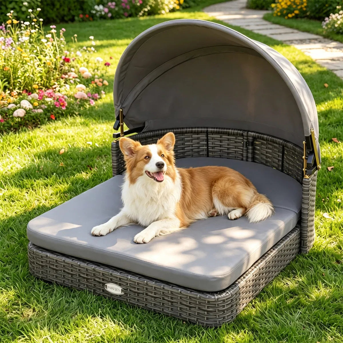 Hand-Woven PE Rattan Dog Bed with Adjustable Canopy