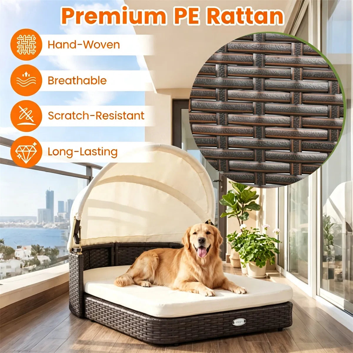 Hand-Woven PE Rattan Dog Bed with Adjustable Canopy