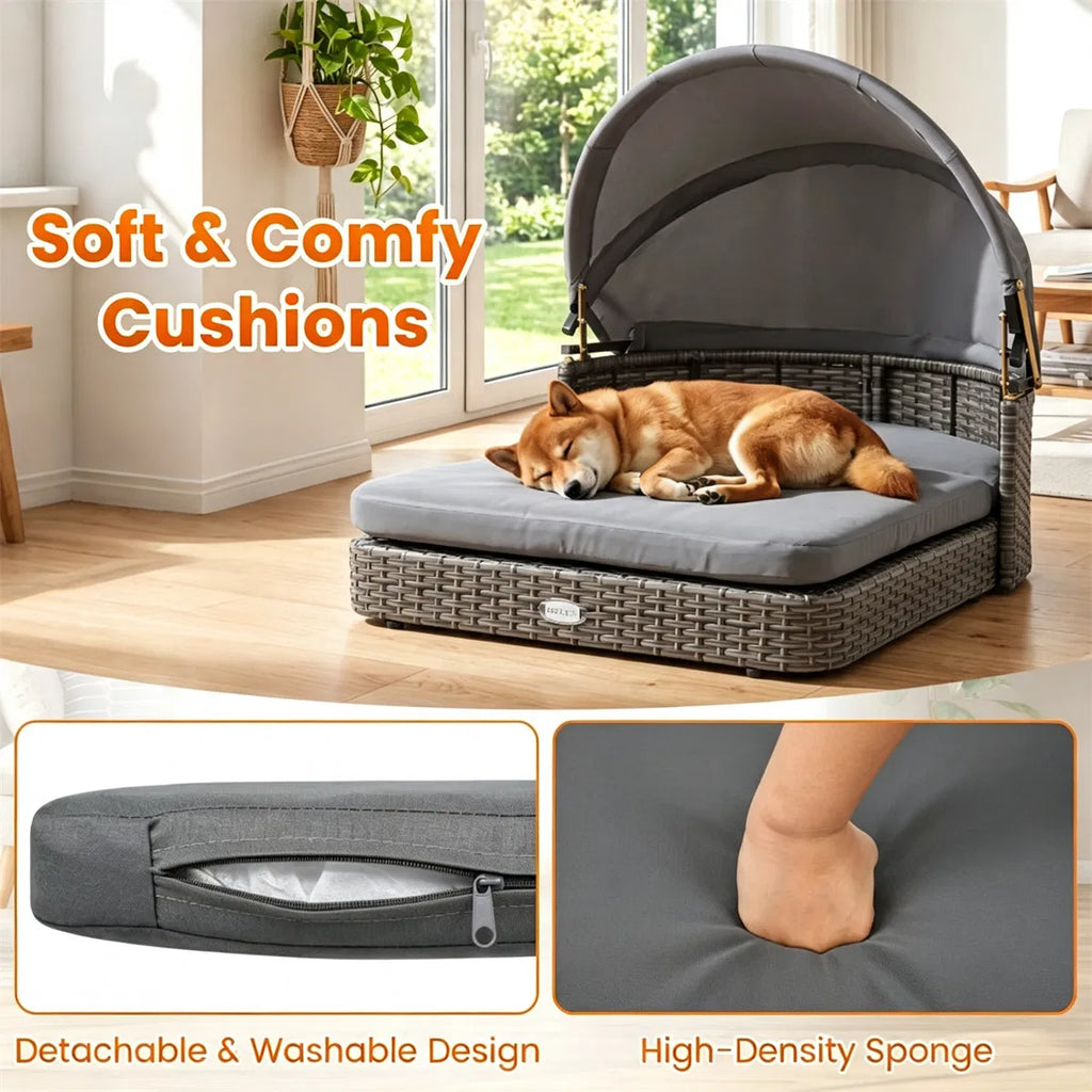 Hand-Woven PE Rattan Dog Bed with Adjustable Canopy