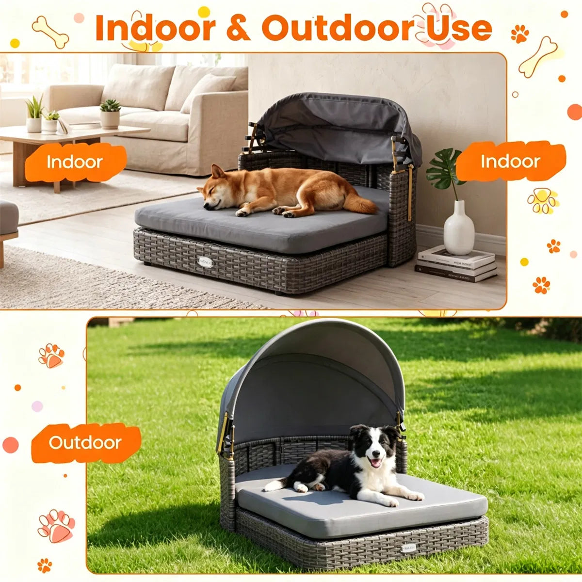Hand-Woven PE Rattan Dog Bed with Adjustable Canopy
