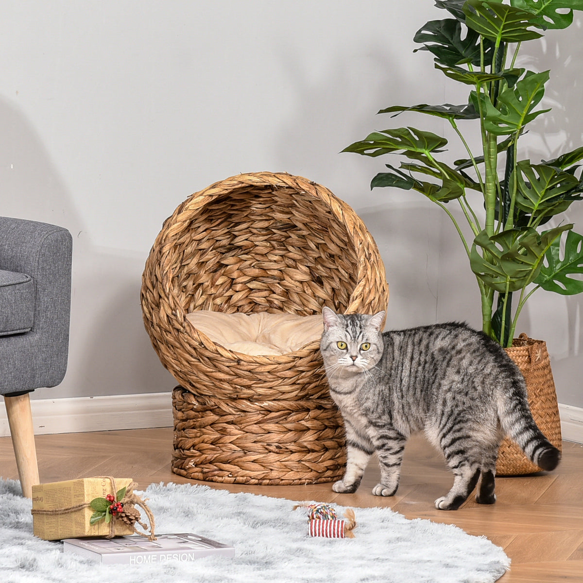 Handwoven Elevated Cat Bed with Egg Chair Shape