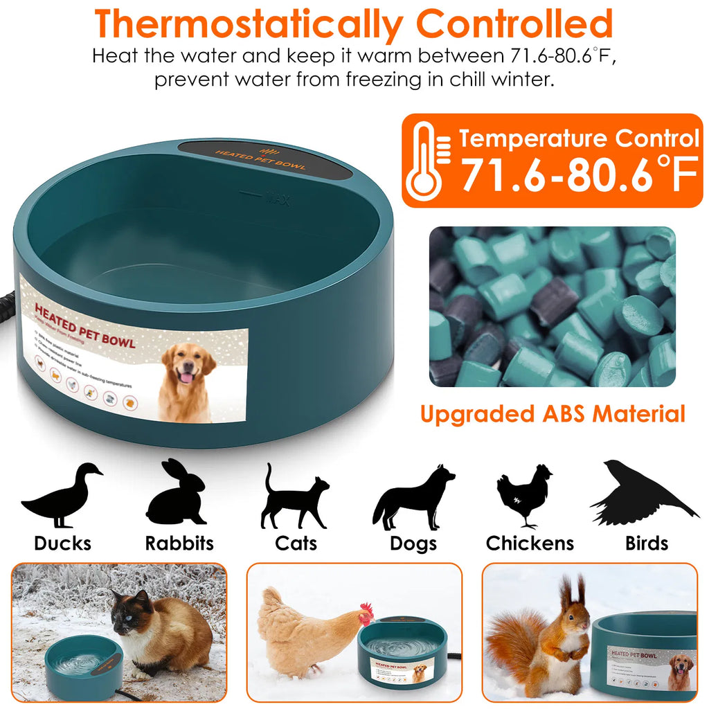 Heated Water Bowl for Dogs & Cats, 74.4oz IP67 Waterproof