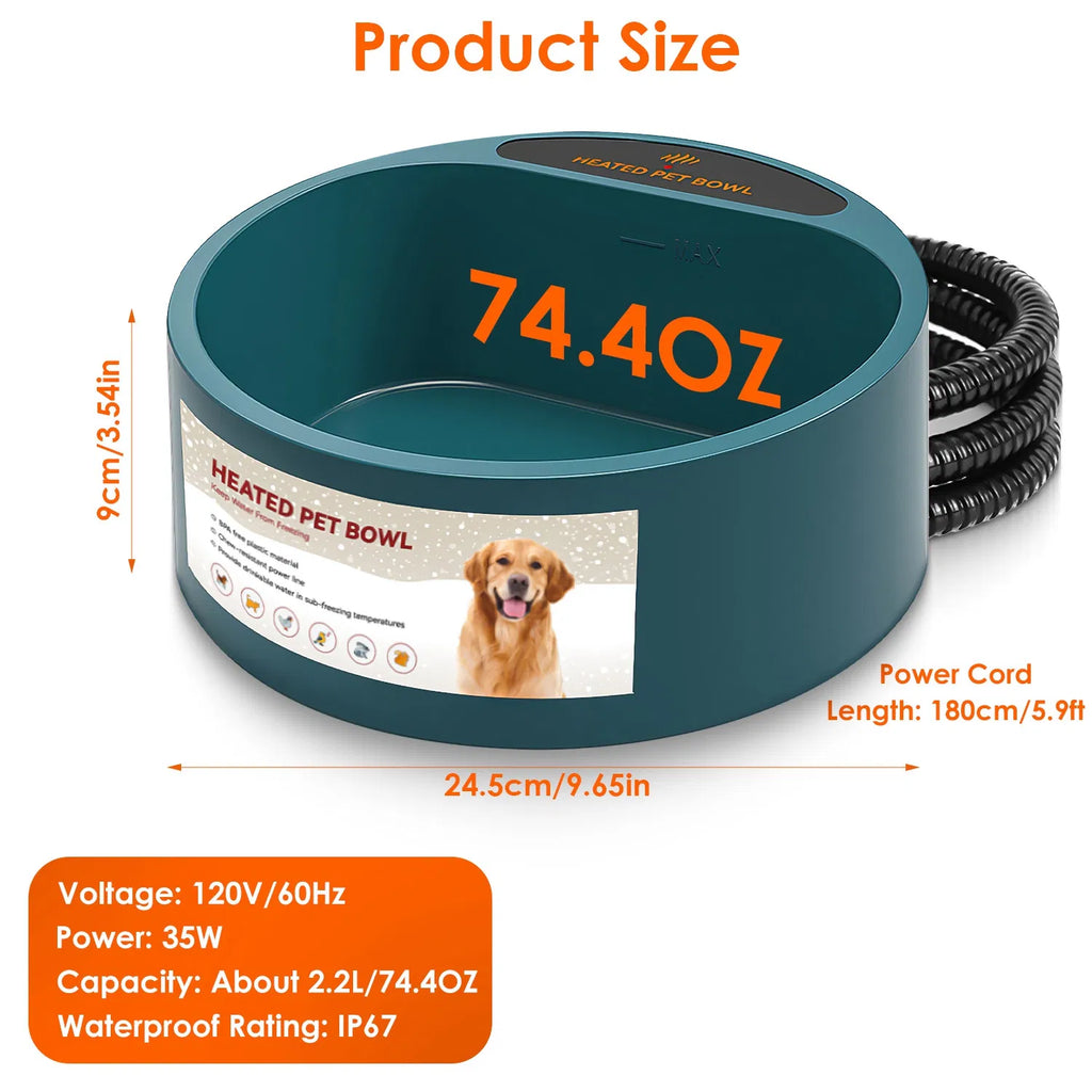 Heated Water Bowl for Dogs & Cats, 74.4oz IP67 Waterproof