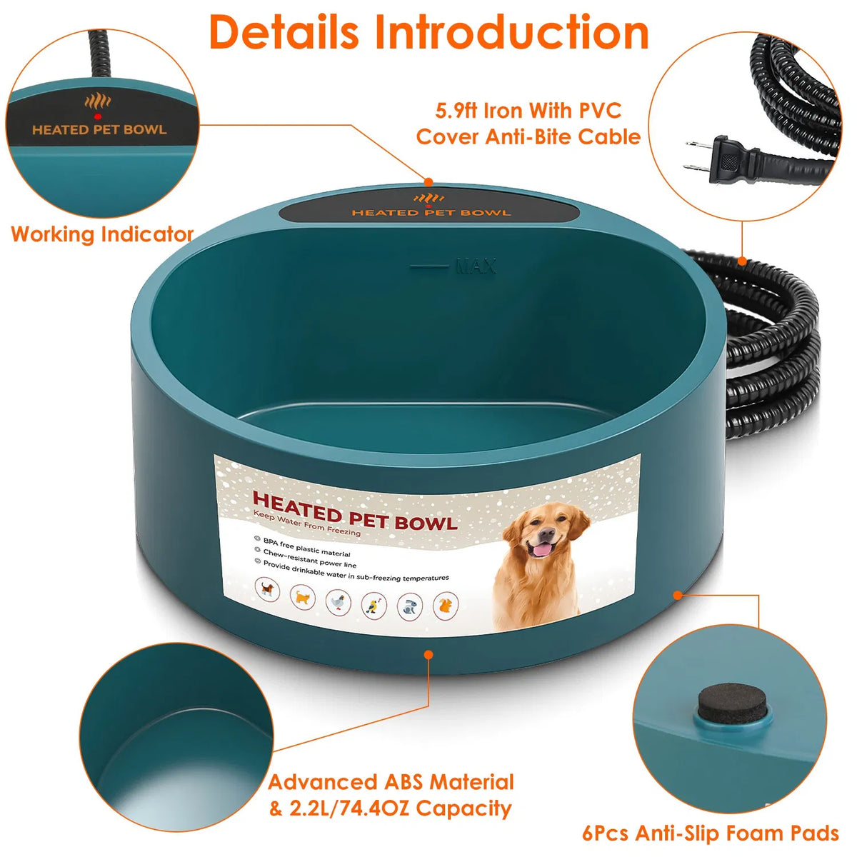 Heated Water Bowl for Dogs & Cats, 74.4oz IP67 Waterproof