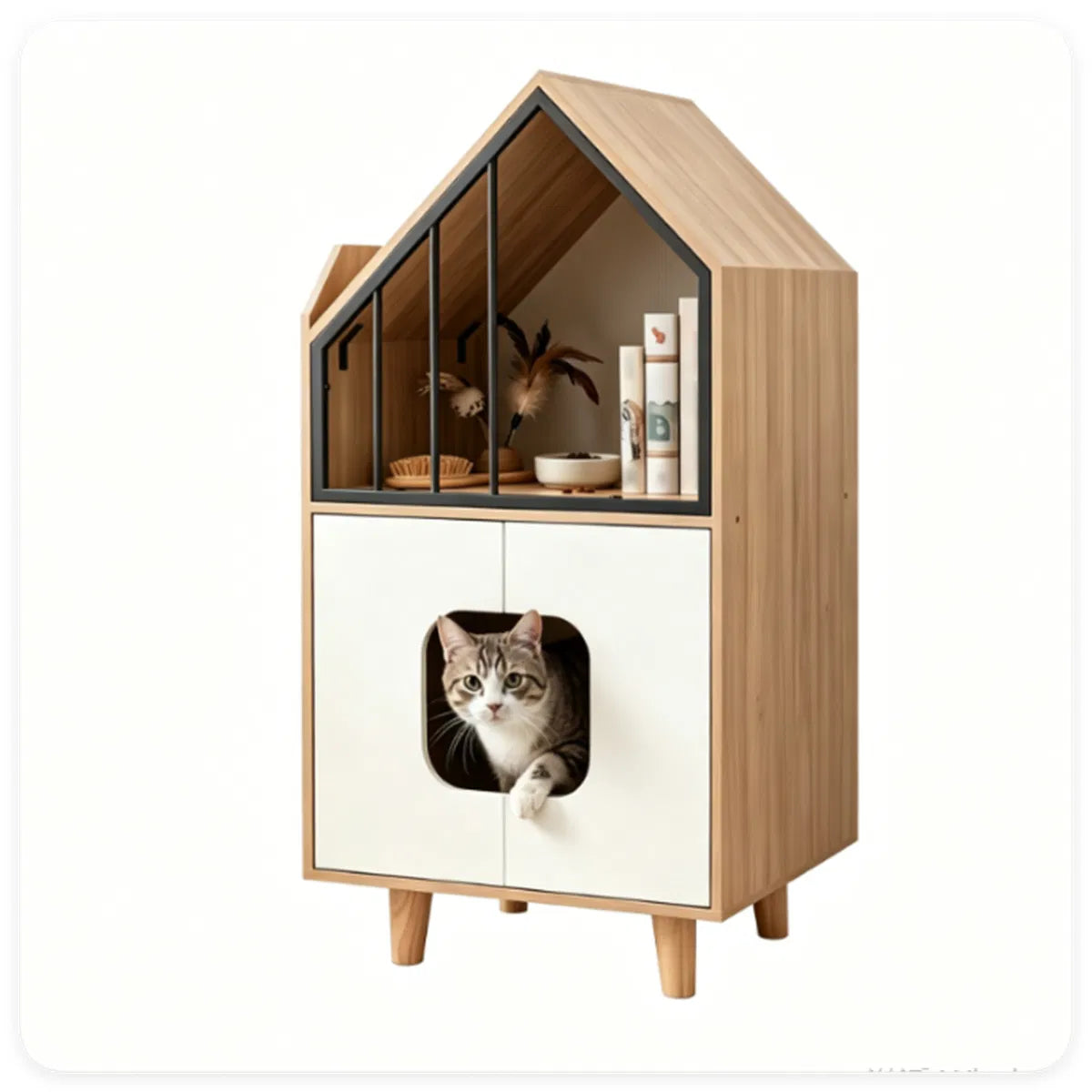 Hidden Cat Litter Box Furniture with Elevated Cat Lounge Top