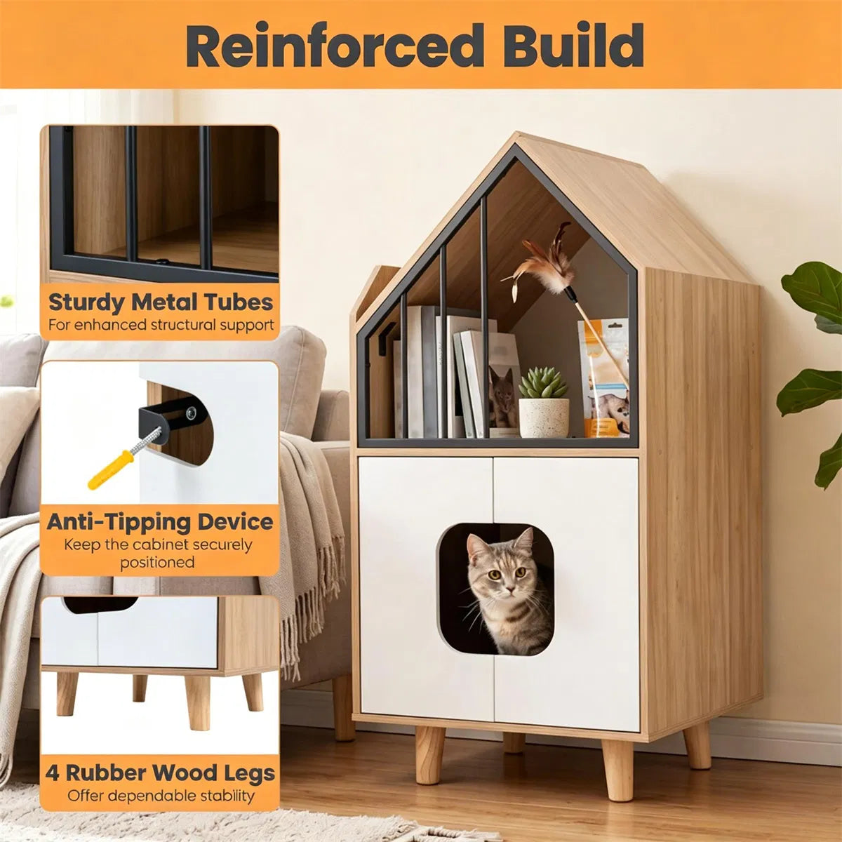 Hidden Cat Litter Box Furniture with Elevated Cat Lounge Top