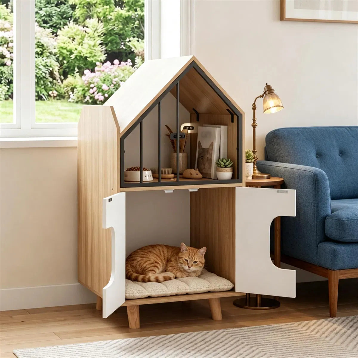 Hidden Cat Litter Box Furniture with Elevated Cat Lounge Top