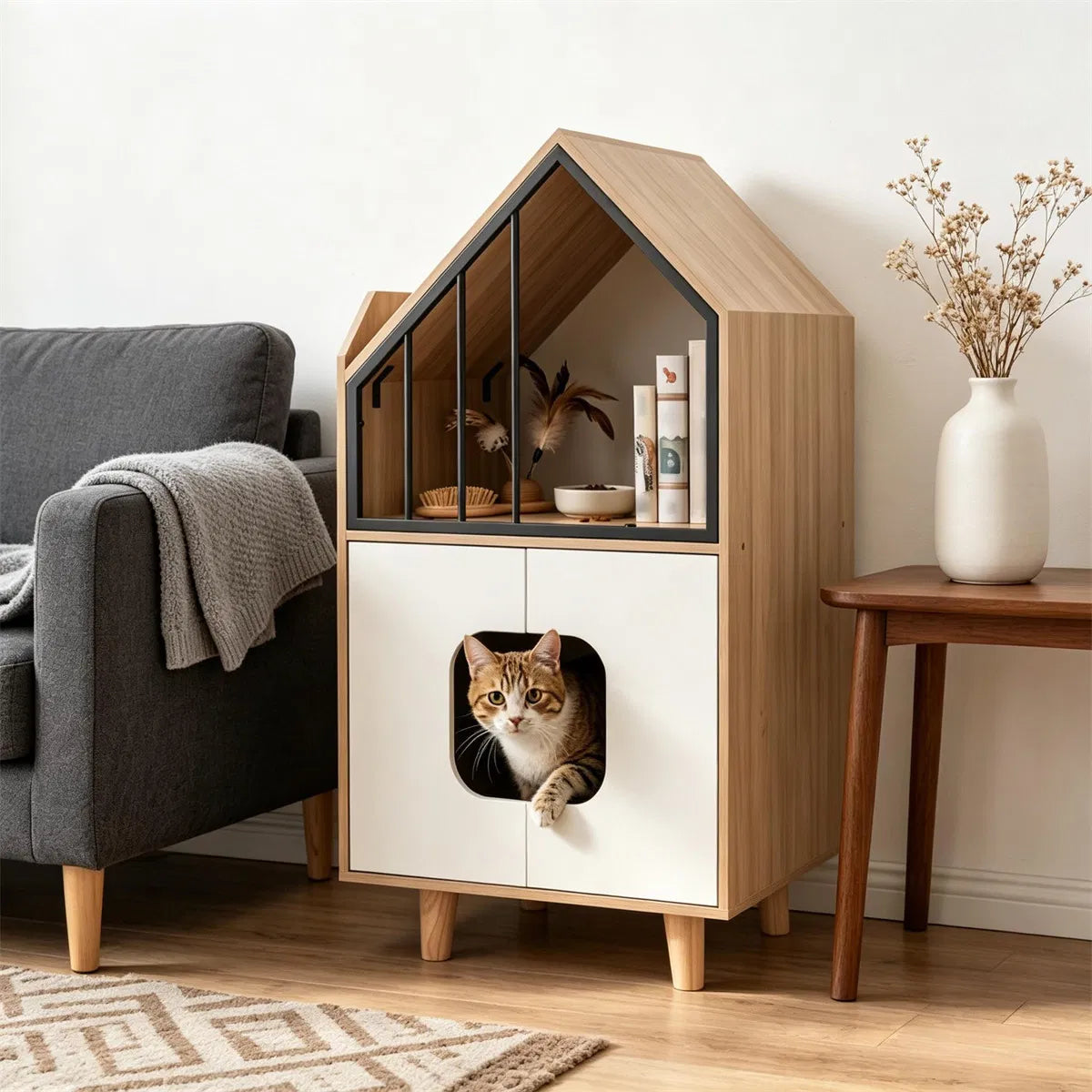 Hidden Cat Litter Box Furniture with Elevated Cat Lounge Top
