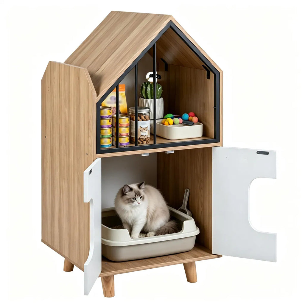 Hidden Cat Litter Box Furniture with Elevated Cat Lounge Top