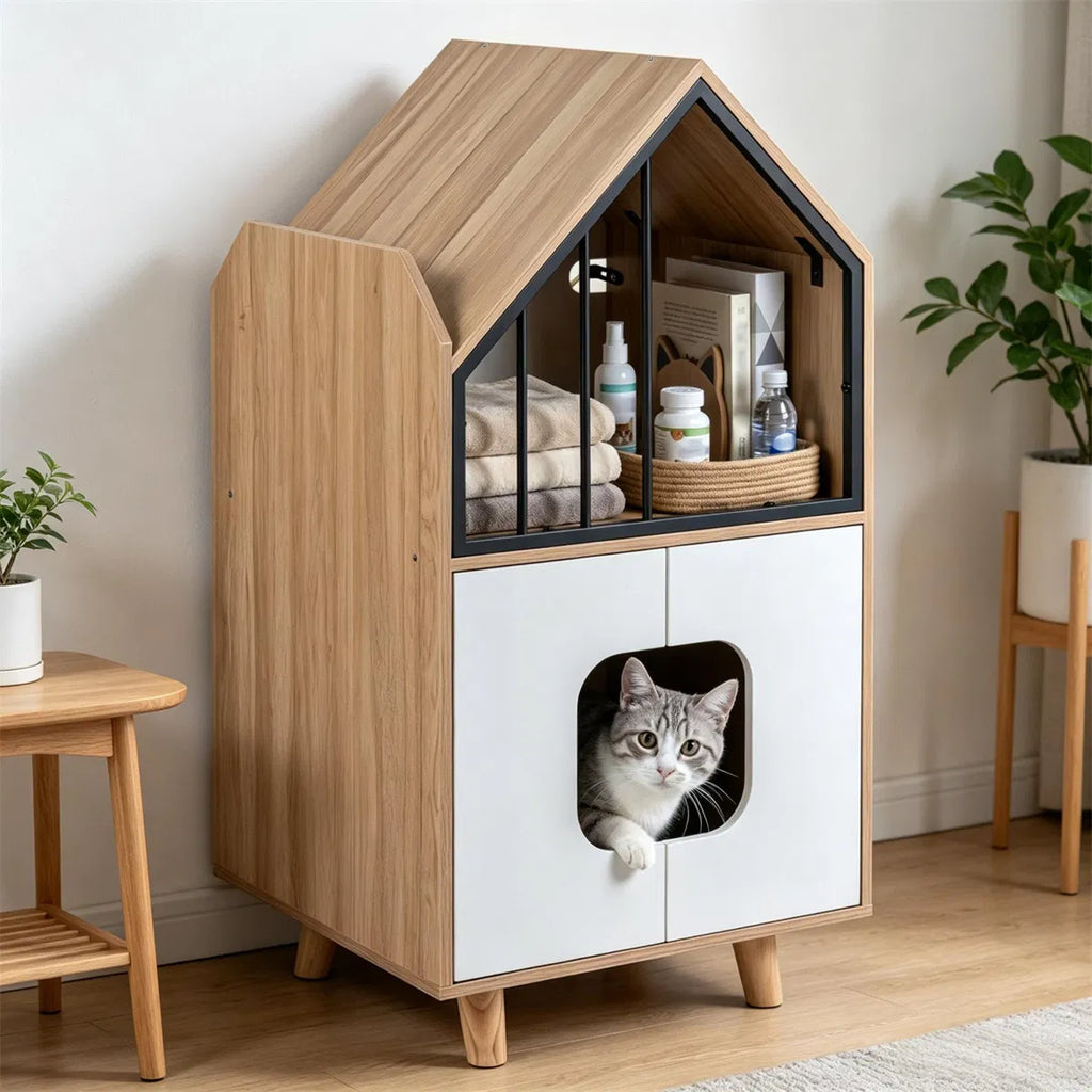 Hidden Cat Litter Box Furniture with Elevated Cat Lounge Top