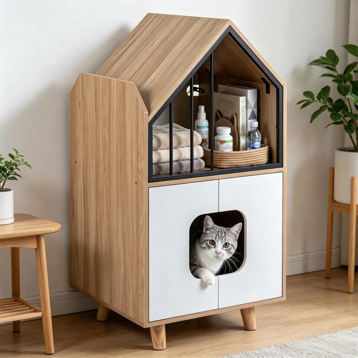 Hidden Cat Litter Box Furniture with Elevated Cat Lounge Top