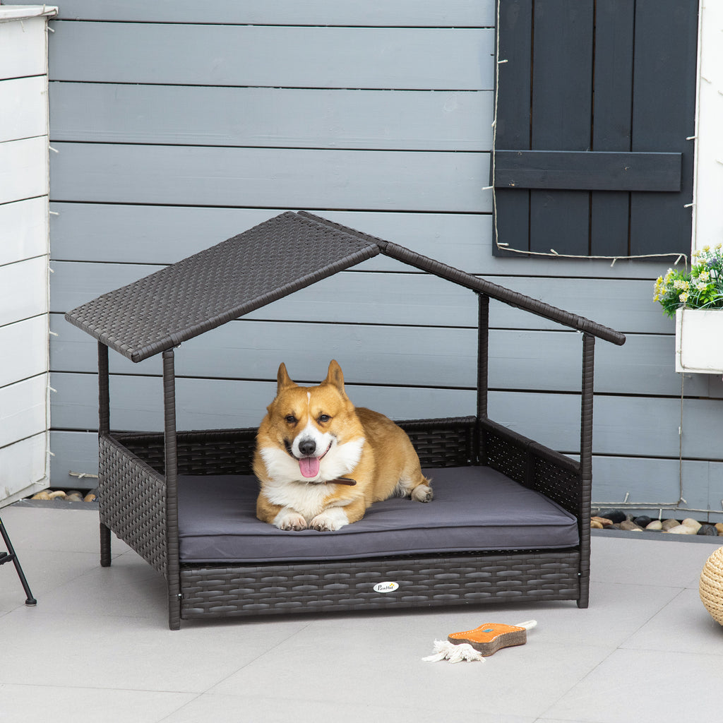 Outdoor Wicker Dog House with Canopy & Water-Resistant Cushion
