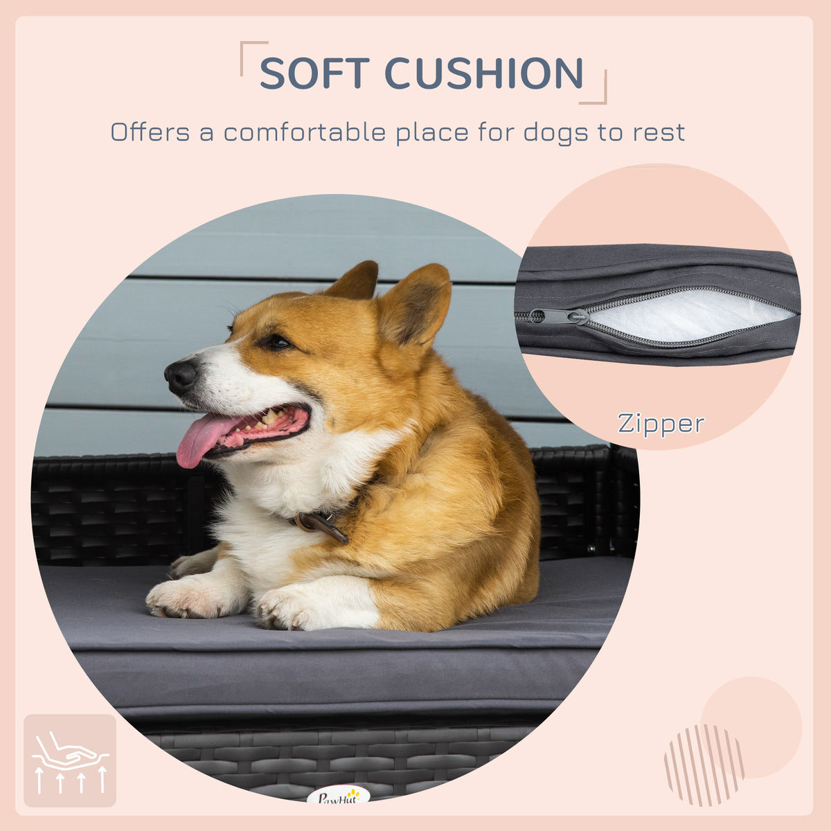 Outdoor Wicker Dog House with Canopy & Water-Resistant Cushion