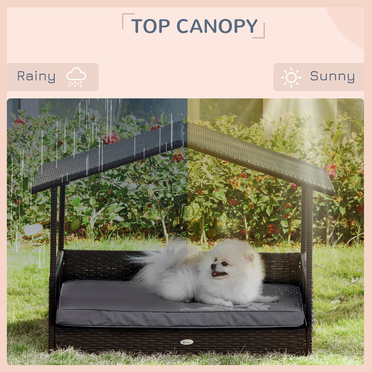 Outdoor Wicker Dog House with Canopy & Water-Resistant Cushion
