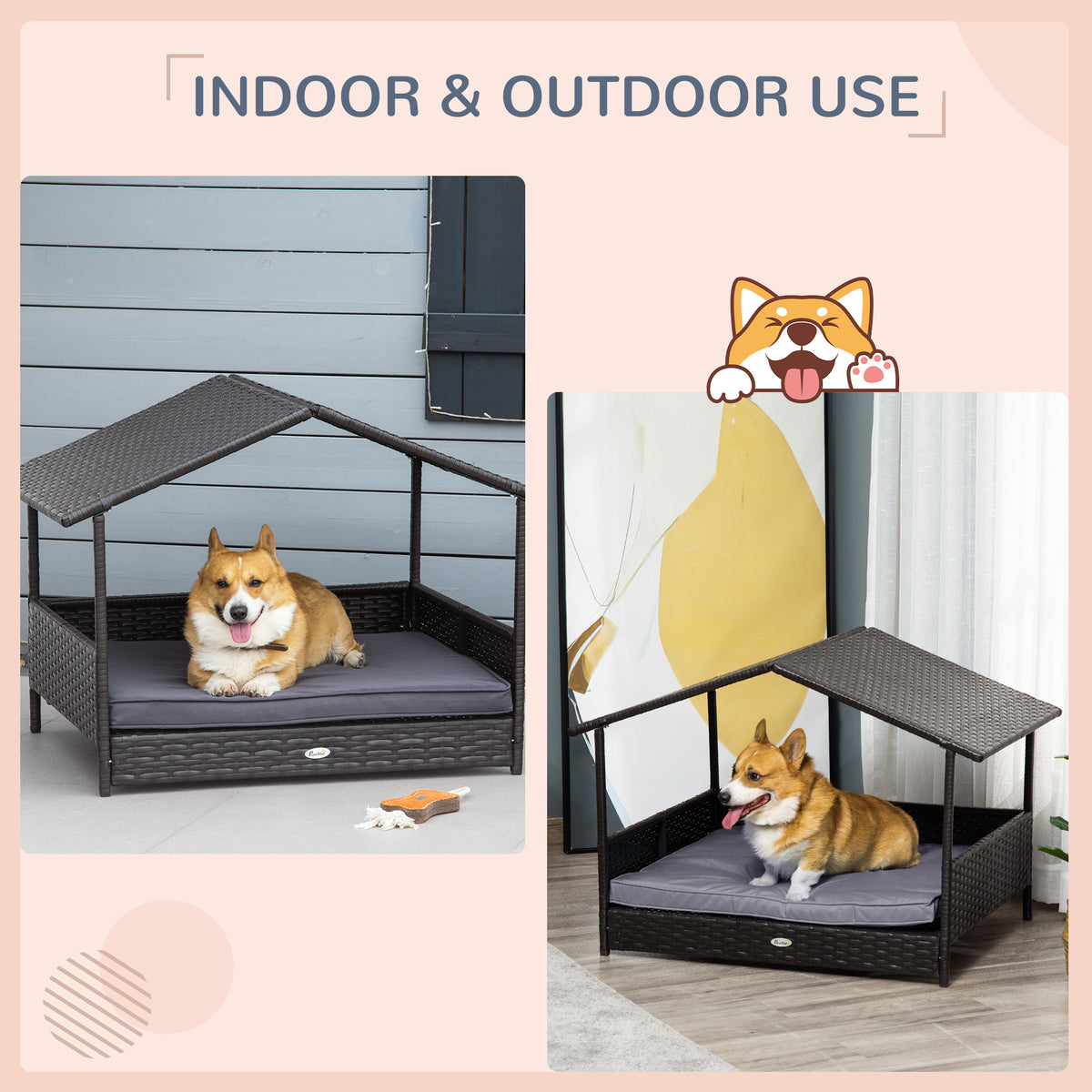 Outdoor Wicker Dog House with Canopy & Water-Resistant Cushion