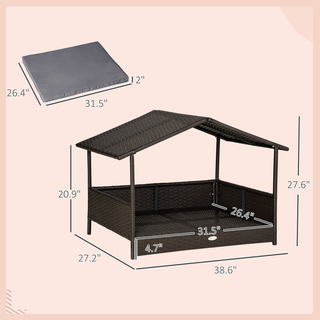 Outdoor Wicker Dog House with Canopy & Water-Resistant Cushion