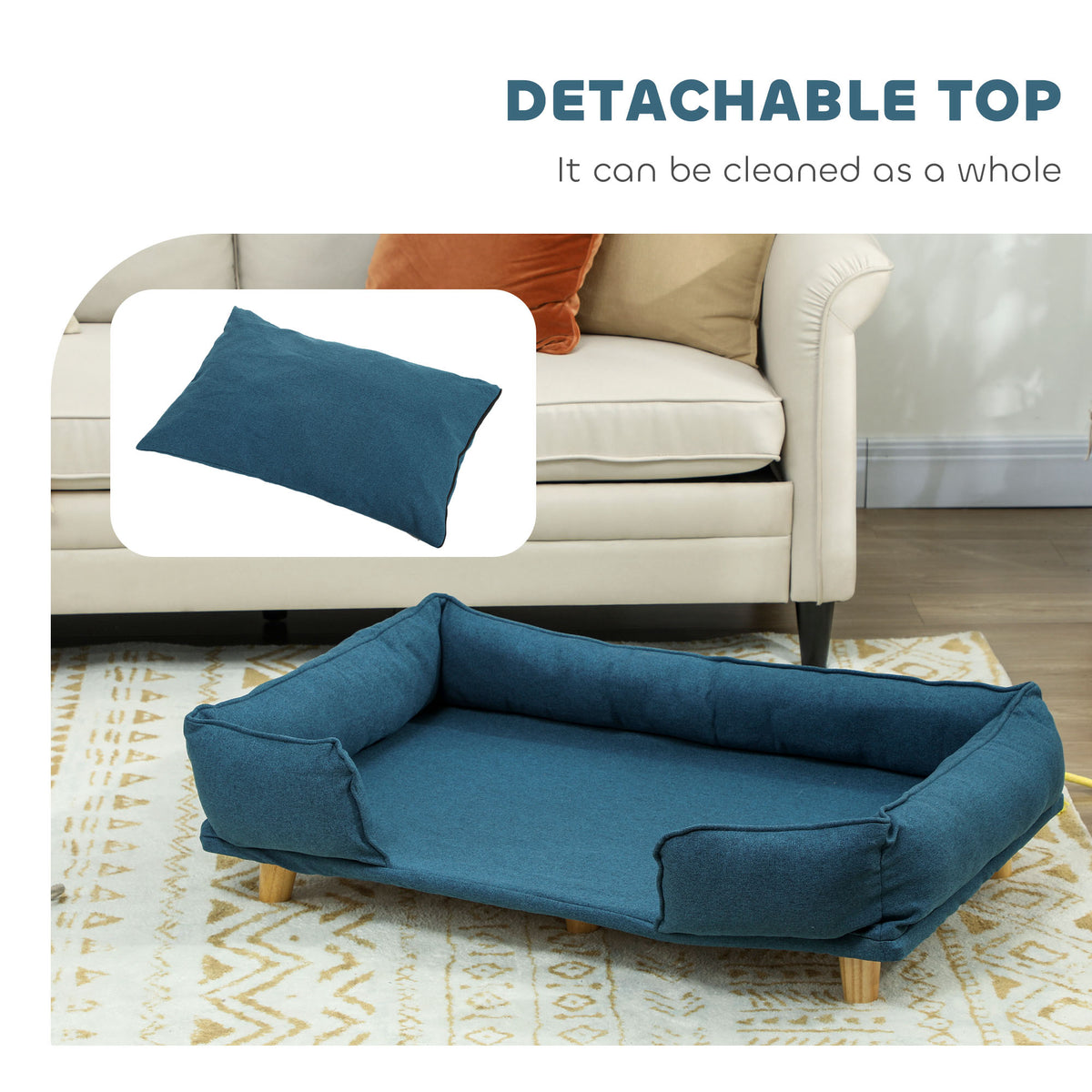 Raised Dog Couch with Cushion & Pine Wood Legs