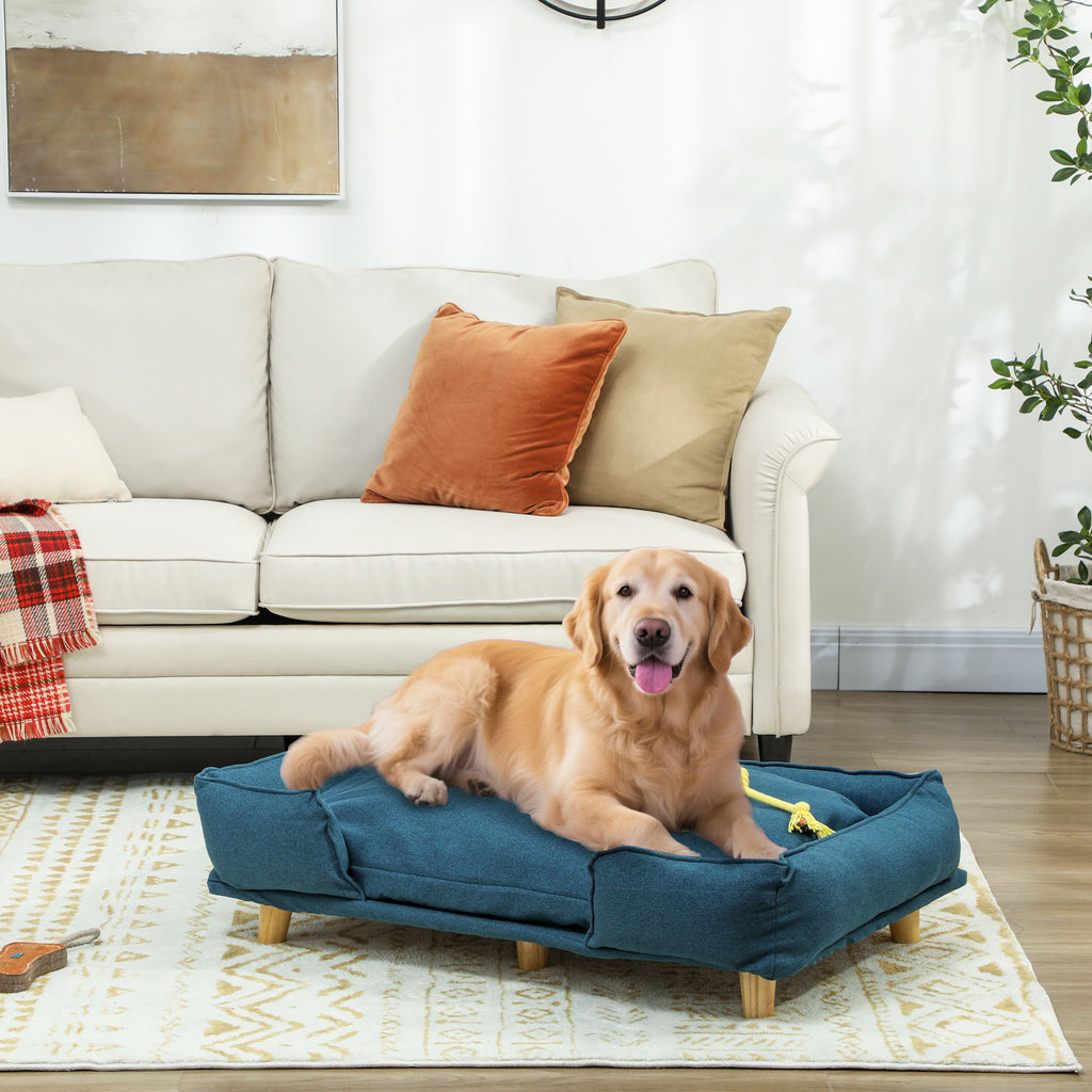 Raised Dog Couch with Cushion & Pine Wood Legs