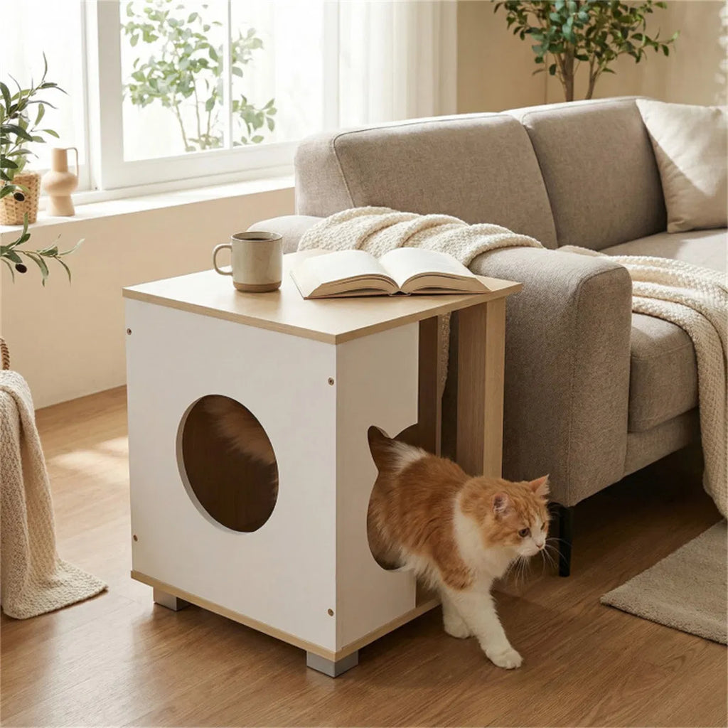 Wooden Cat House Nightstand with 3 Entryways