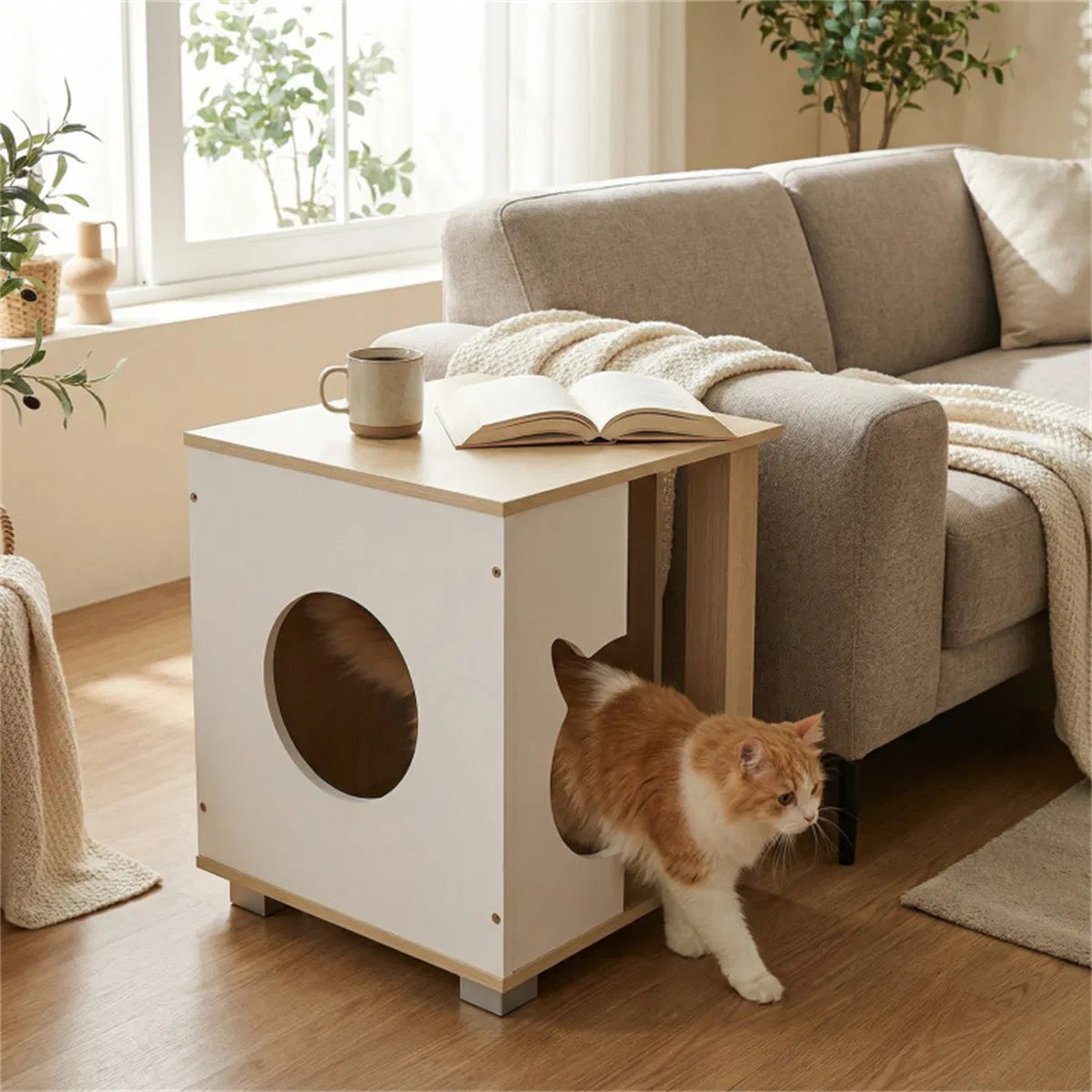 Wooden Cat House Nightstand with 3 Entryways