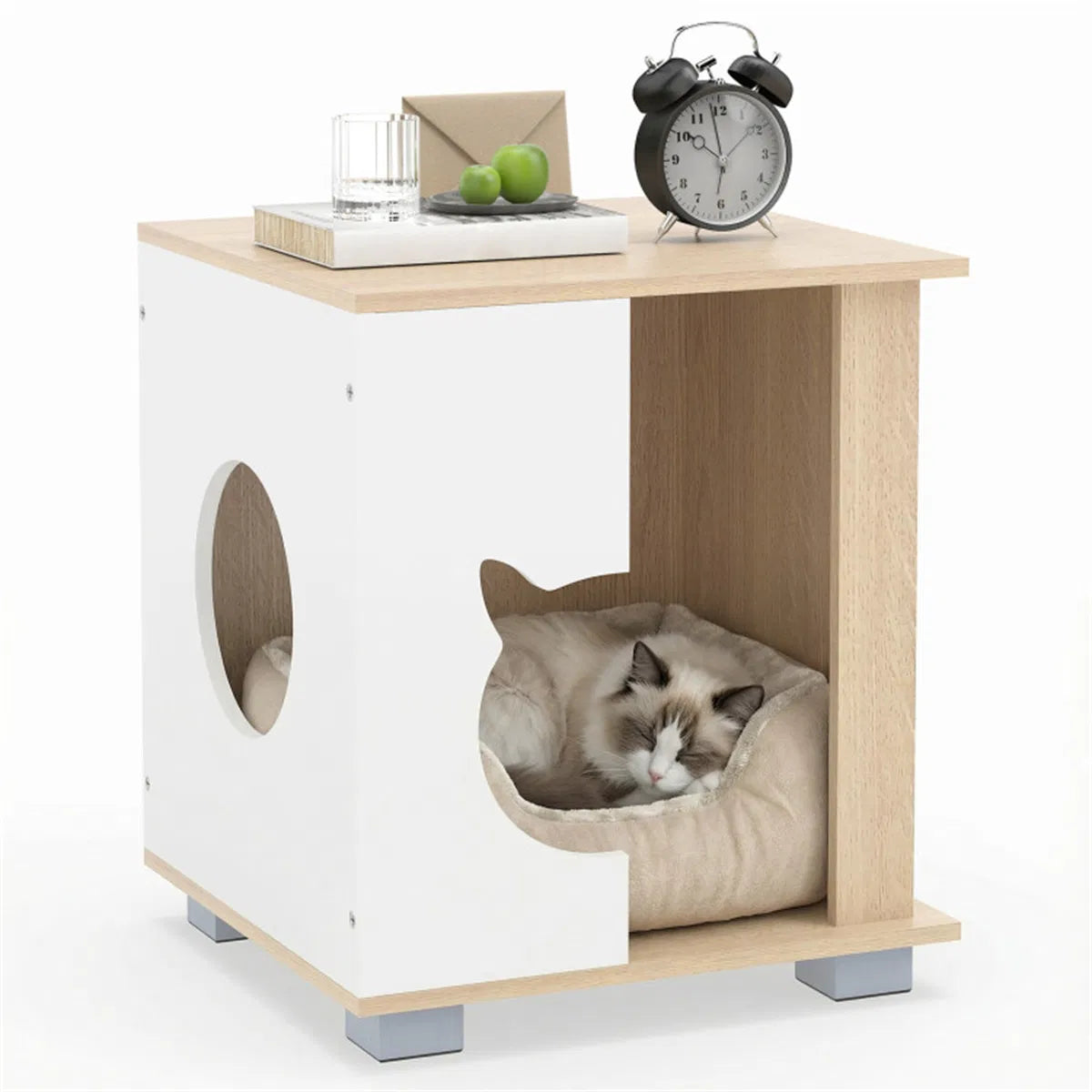 Wooden Cat House Nightstand with 3 Entryways