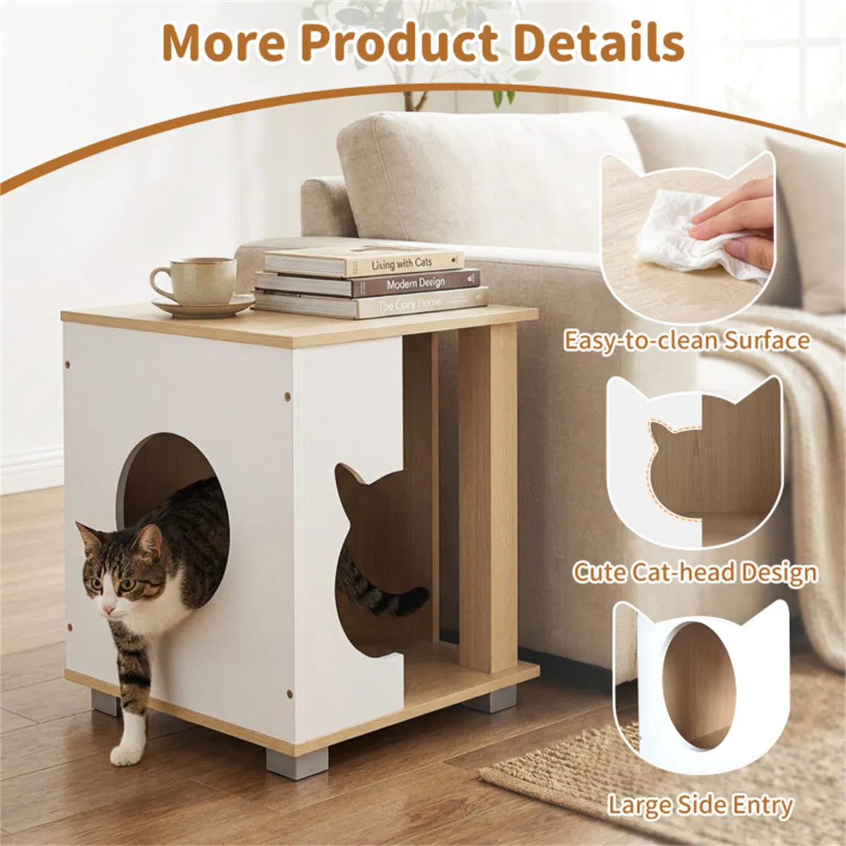 Wooden Cat House Nightstand with 3 Entryways