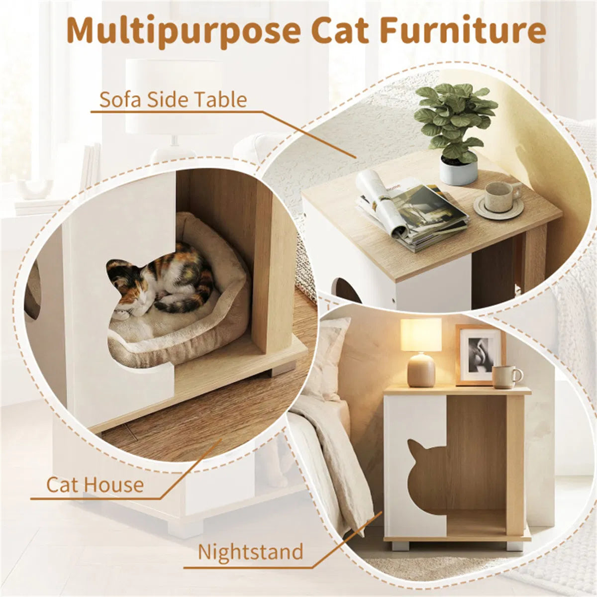Wooden Cat House Nightstand with 3 Entryways