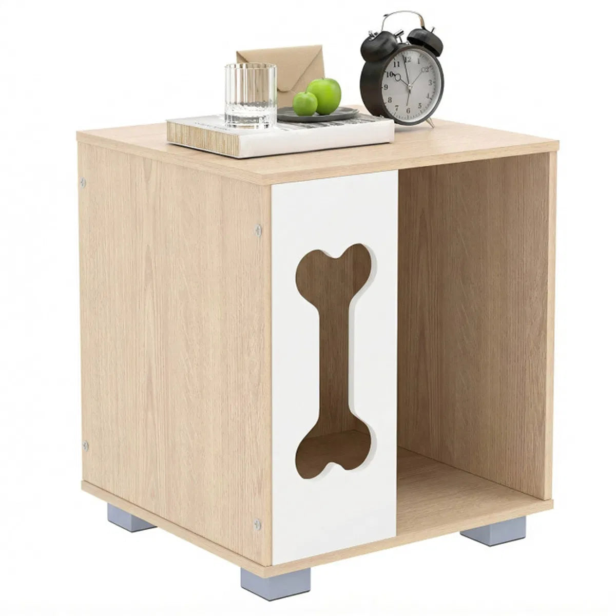 Wooden Dog Condo Side Table with Bone-Shape Window
