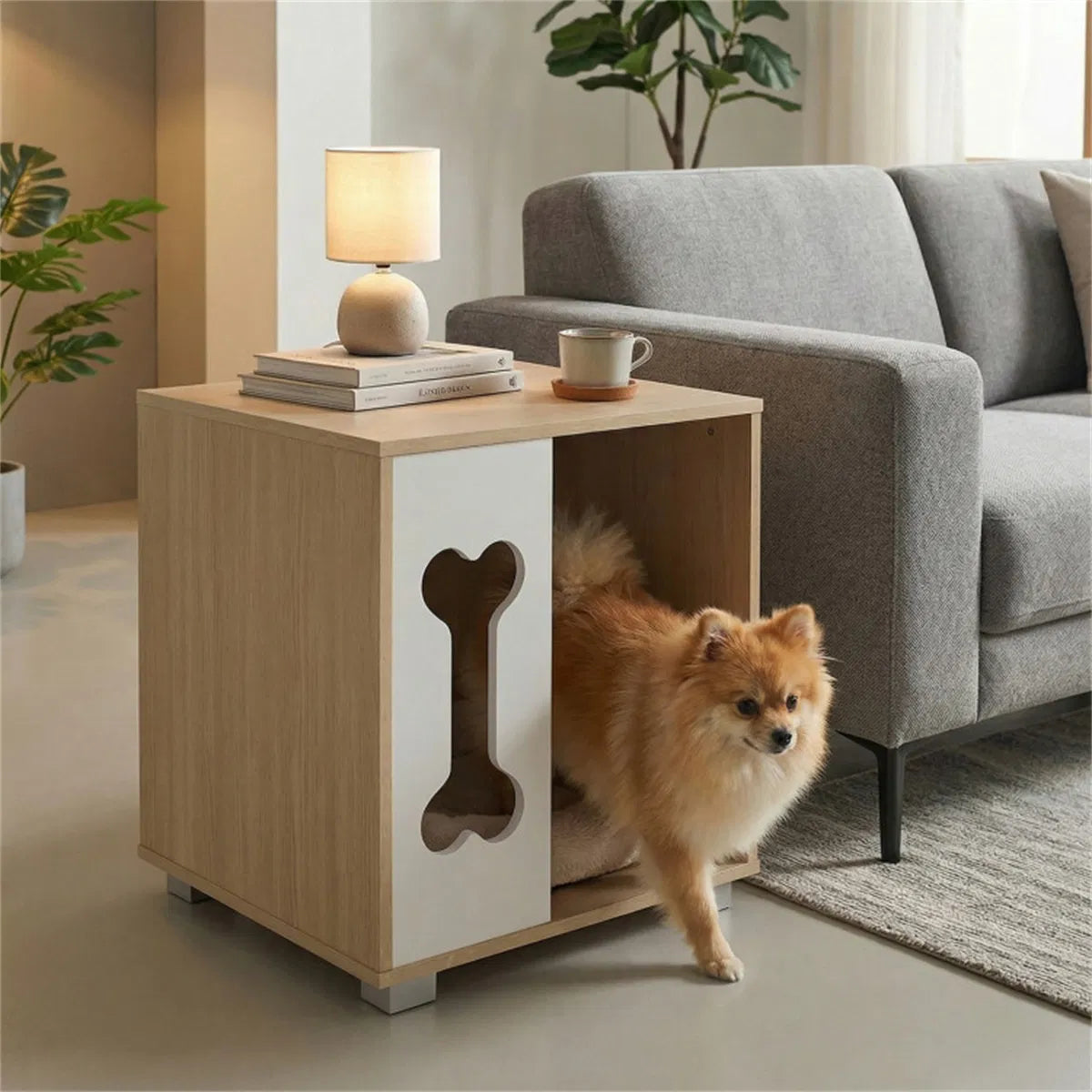 Wooden Dog Condo Side Table with Bone-Shape Window