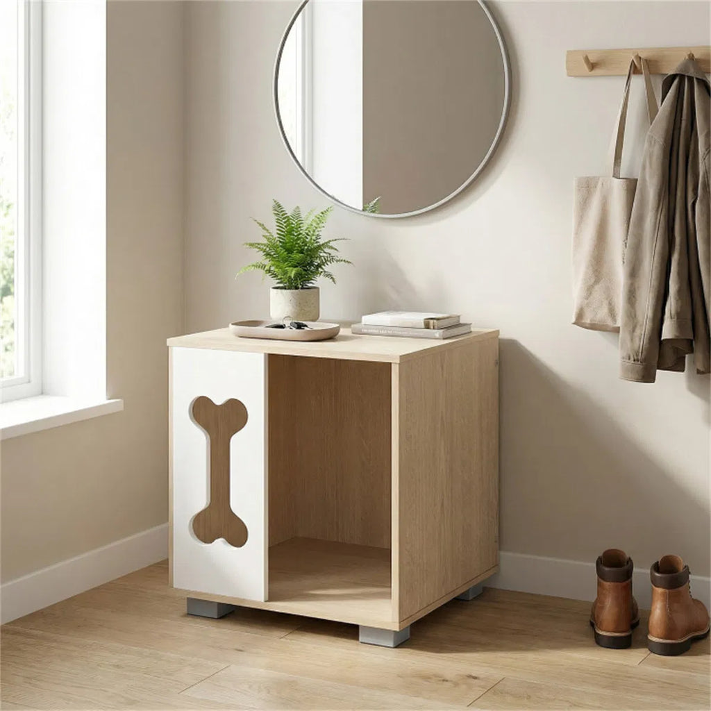 Wooden Dog Condo Side Table with Bone-Shape Window