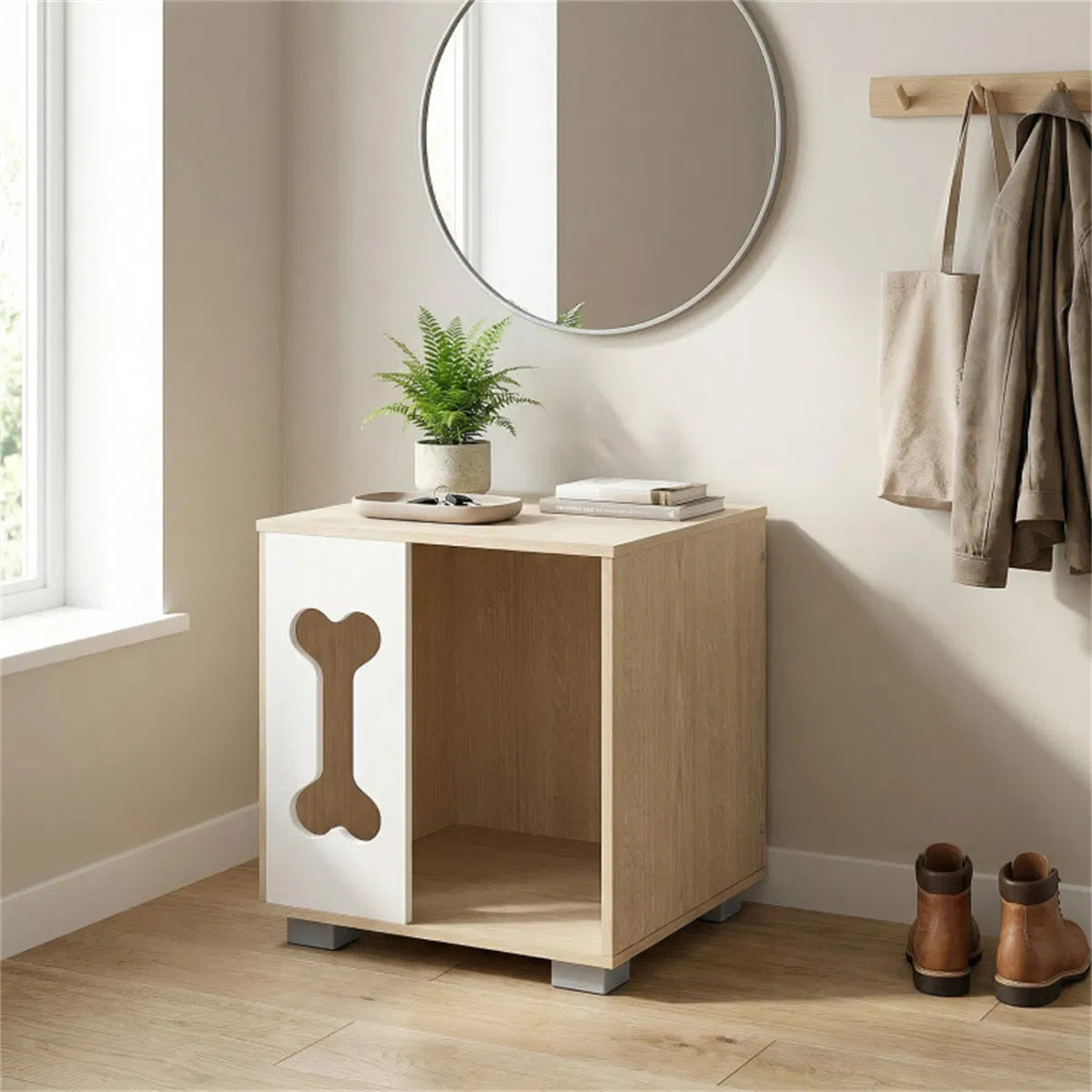 Wooden Dog Condo Side Table with Bone-Shape Window