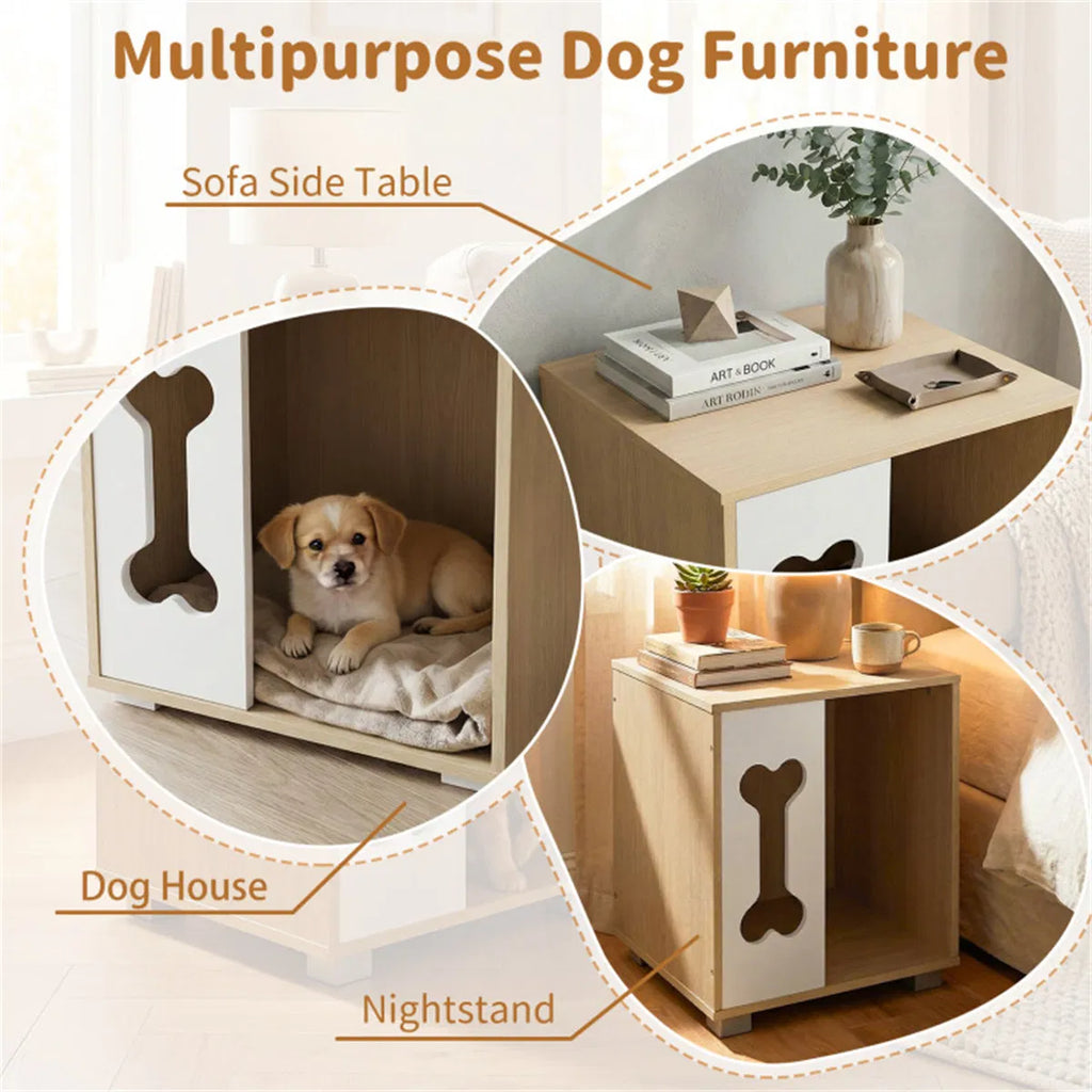 Wooden Dog Condo Side Table with Bone-Shape Window