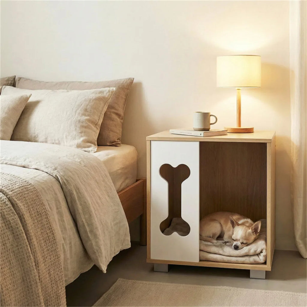 Wooden Dog Condo Side Table with Bone-Shape Window