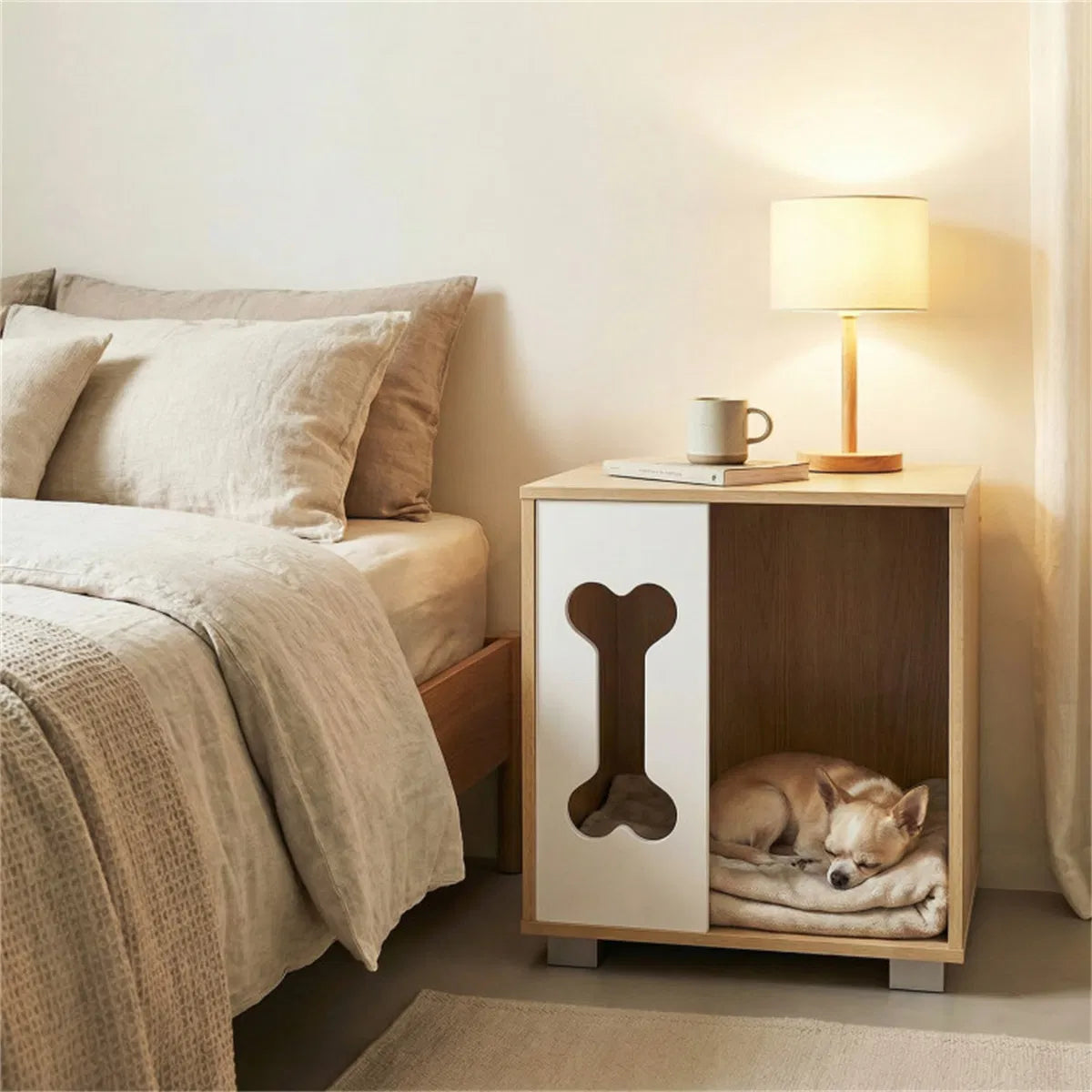 Wooden Dog Condo Side Table with Bone-Shape Window